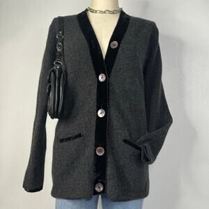 Vintage Lambswool Nylon Cardigan Sweater Gray Velvet Trim Moda International